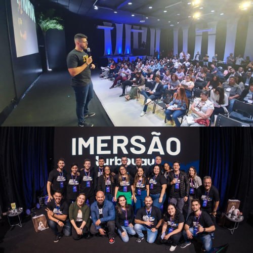 L&eacute;o Molina palestrando para um audit&oacute;rio e com a equipe da Imers&atilde;o
