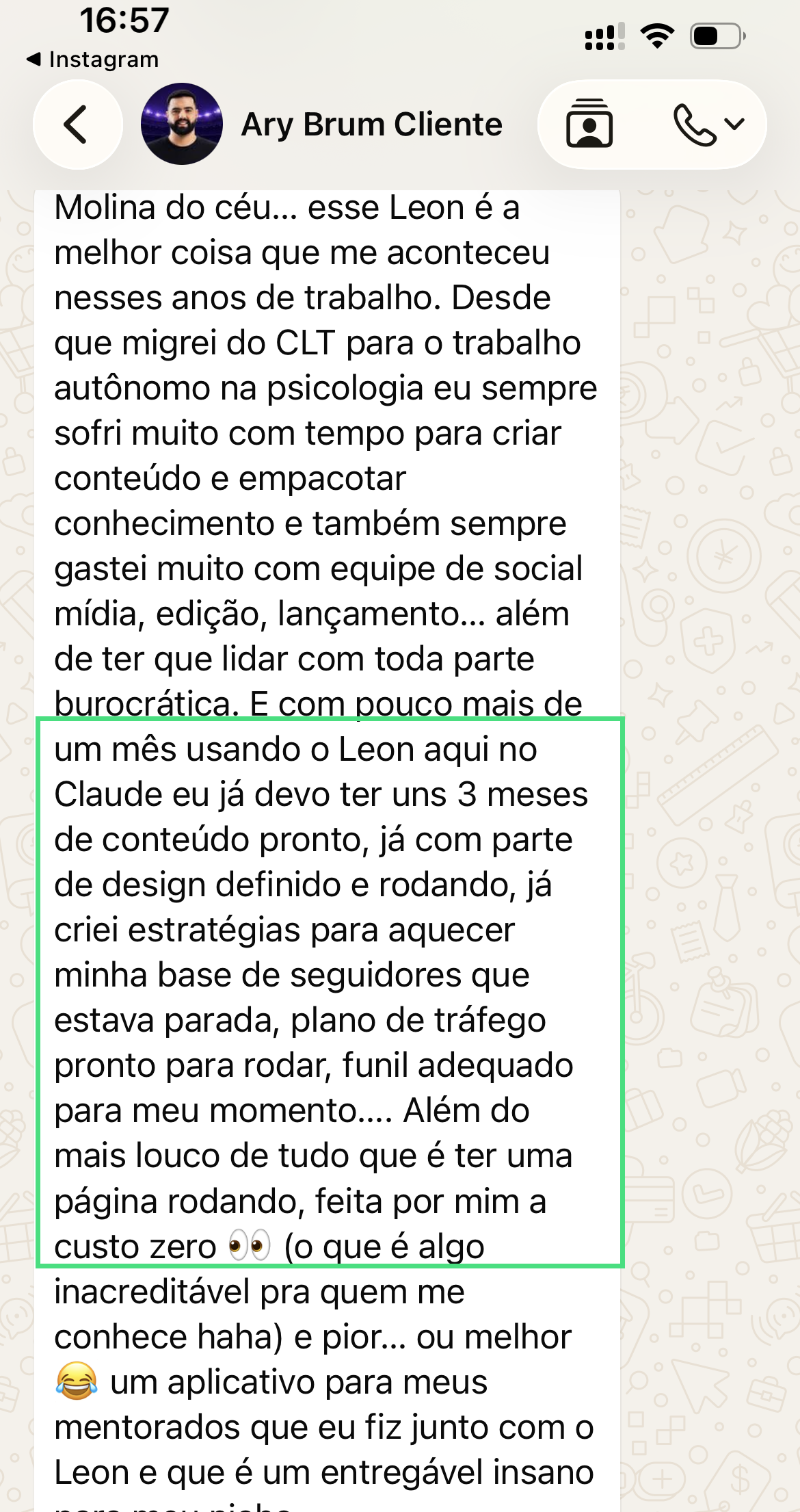 Conversa de Ary Brum sobre conteúdo, estratégia, página e aplicativo.