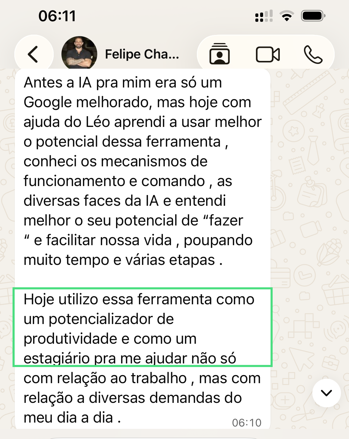 Conversa de Felipe sobre usar IA como potencializador de produtividade e estratégia.