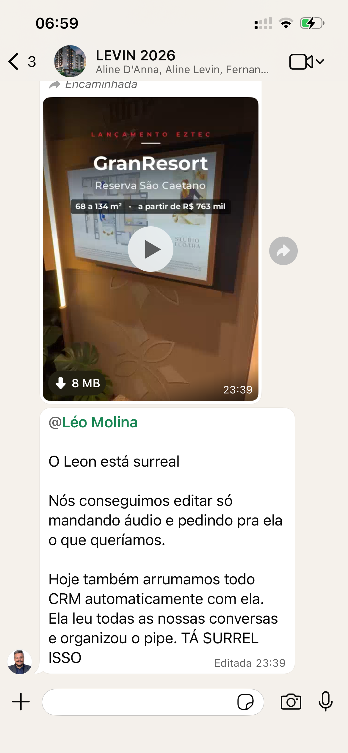 Conversa da equipe Levin sobre edição por áudio e organização automática do CRM.