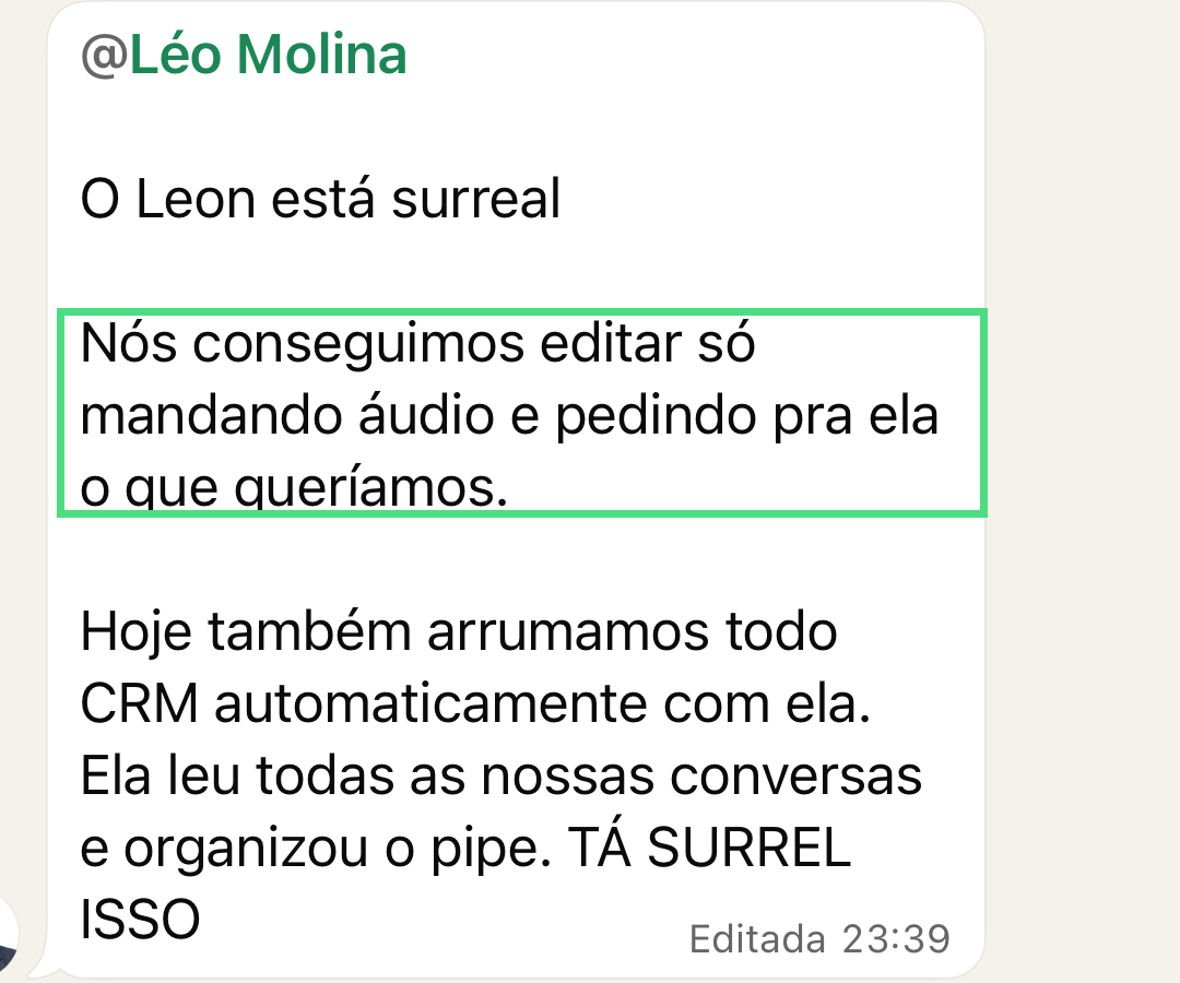 Conversa da operação Levin sobre edição por áudio e CRM organizado.